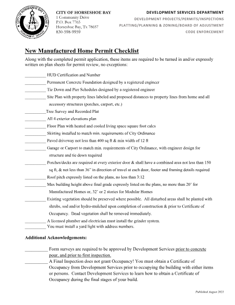 First page of the New Manufactured Home Permit Checklist