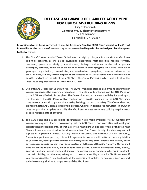 First page of the Release and Waiver of Liability Agreement for Use of ADU Building Plans