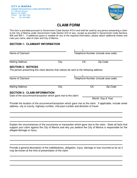 First page of the Claim Form