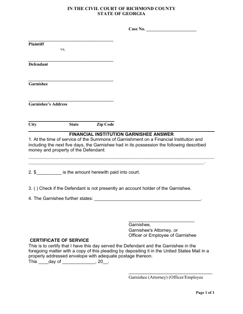 First page of the Financial Institution Garnishee Answer
