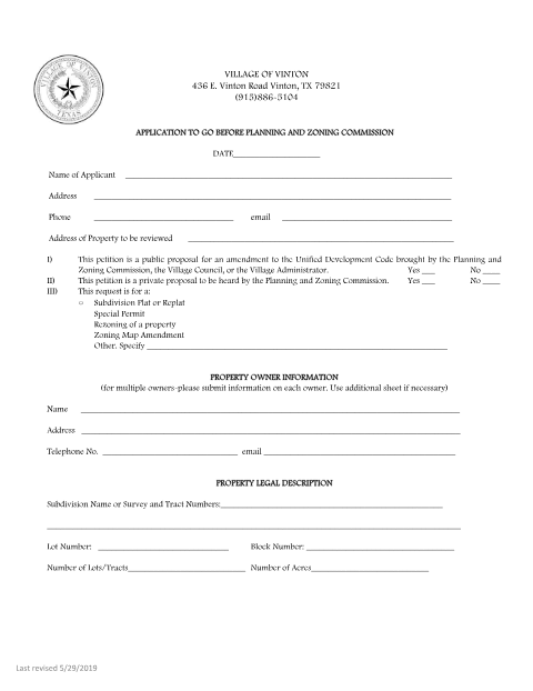 First page of the Application to Go Before Planning and Zoning Commission