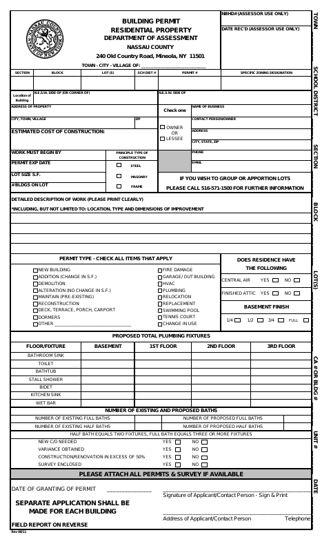 First page of the Building Permit Nassau County Department of Assessment Form