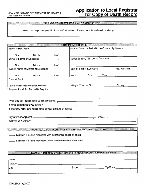 First page of the Request for Death Record