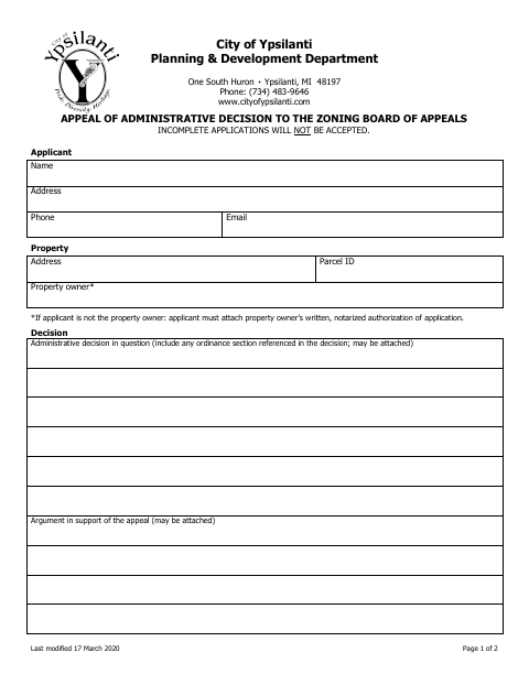 First page of the Appeal of Administrative Decision to the Zoning Board of Appeals