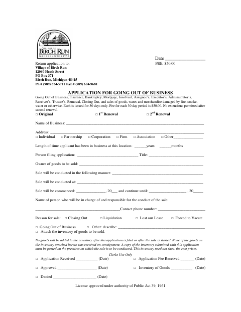 First page of the Going Out of Business Application