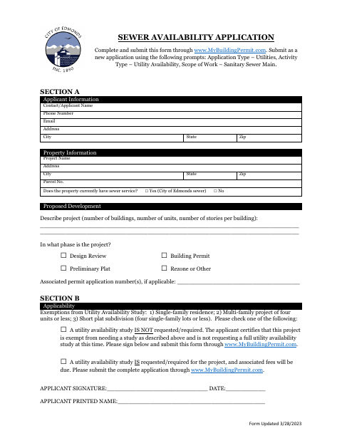 First page of the Sewer Availability Application