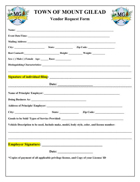First page of the Vendor Request Form