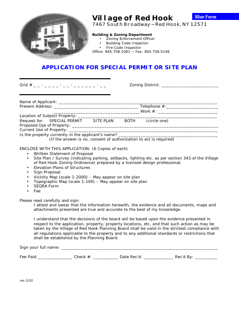 First page of the Application for Special Permit or Site Plan