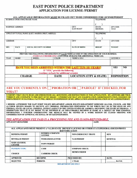 First page of the Police License & Permit Application