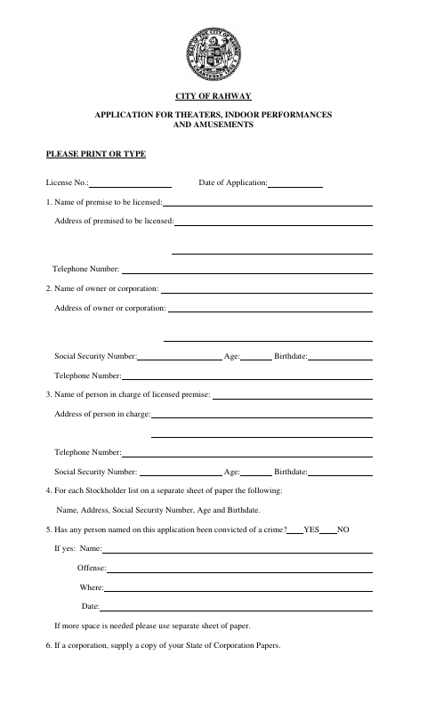 First page of the Application for Theaters, Indoor Performances and Amusements