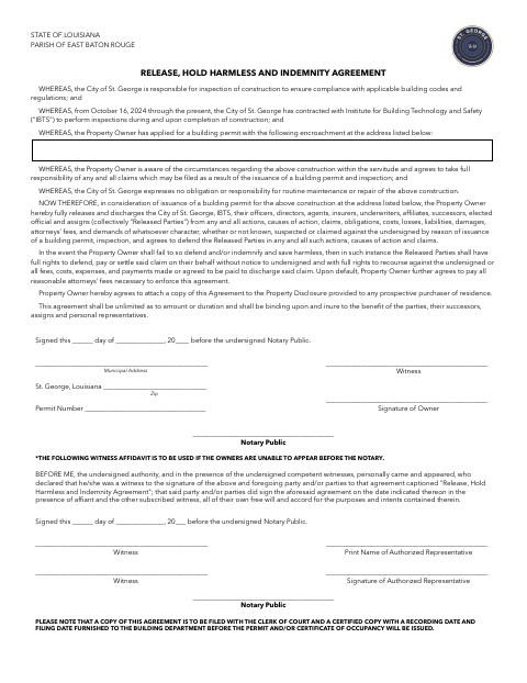 First page of the Release, Hold Harmless and Indemnity Agreement