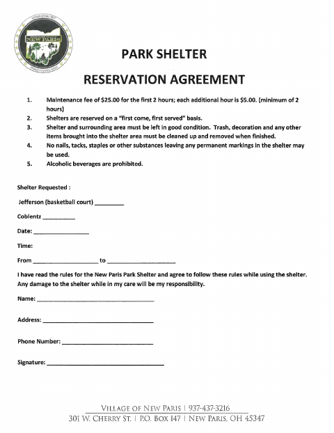 First page of the Park Shelter Reservation Agreement