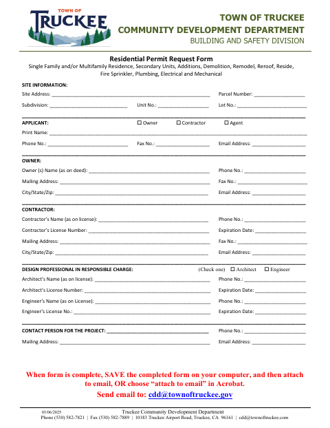 First page of the Residential Permit Request Form