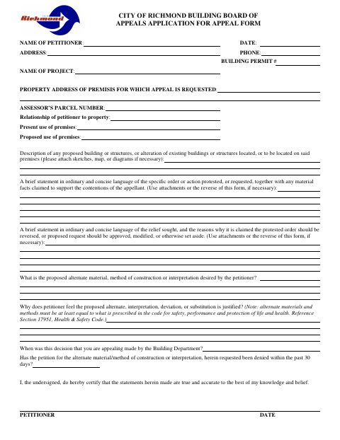 First page of the Building Board of Appeals Application for Appeal