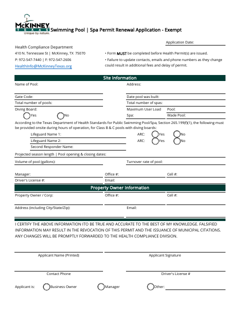 First page of the Swimming Pool and Spa Permit Renewal Application - Exempt