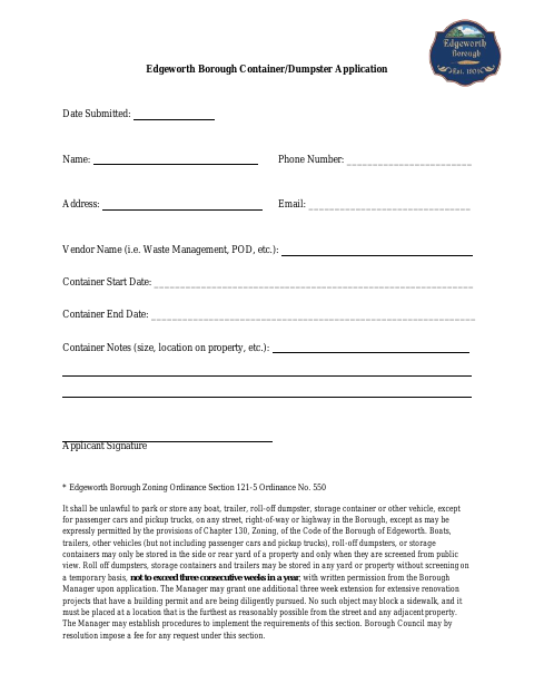 First page of the Container/Dumpster Application