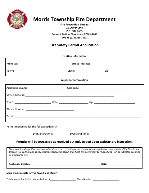 First page of the Fire Safety Permit Application