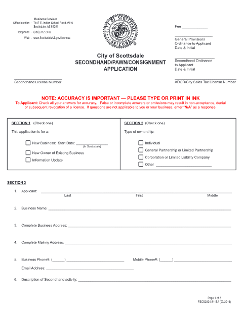 First page of the Secondhand/Pawn/Consignment Dealer Application