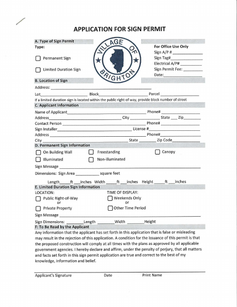 First page of the Application for Sign Permit