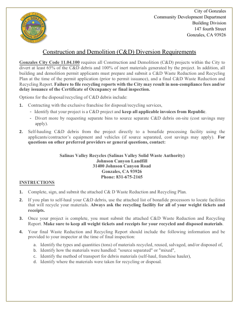 First page of the Construction and Demolition Waste Management Form