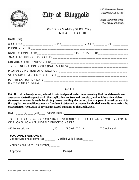 First page of the Peddlers and Solicitors Permit Application
