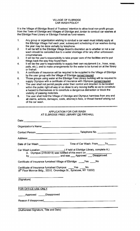 First page of the Car Wash Application