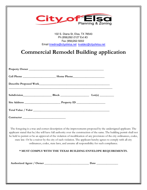 First page of the Commercial Remodel Building Application