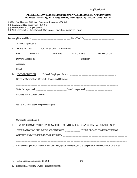 First page of the Peddler, Hawker, Solicitor, Canvasser License Application