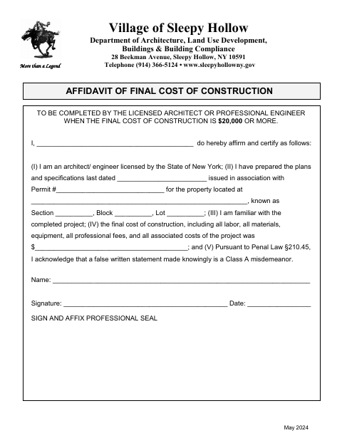 First page of the Affidavit of Final Cost of Construction