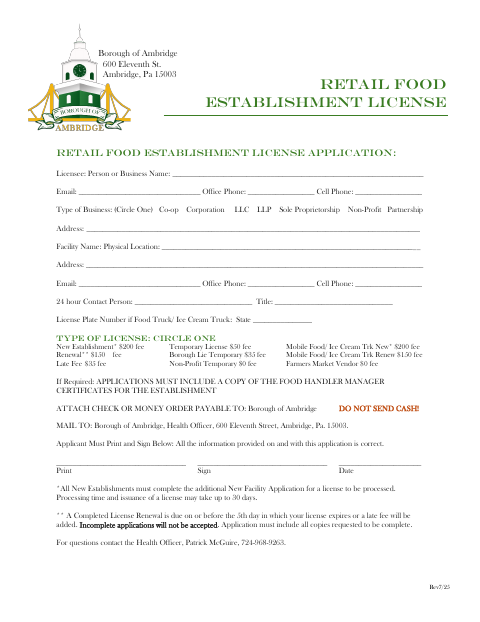 First page of the Retail Food Establishment License Application
