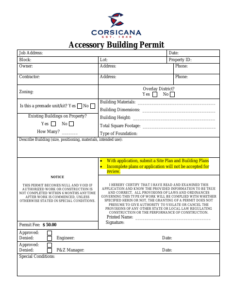 First page of the Accessory Building Permit