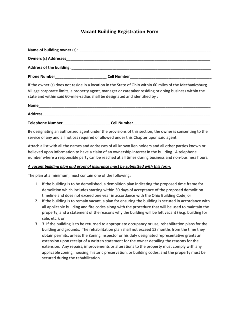 First page of the Vacant Building Registration Form