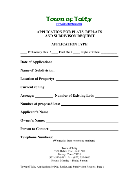 First page of the Application for Plats, Replats, and Subdivision Request