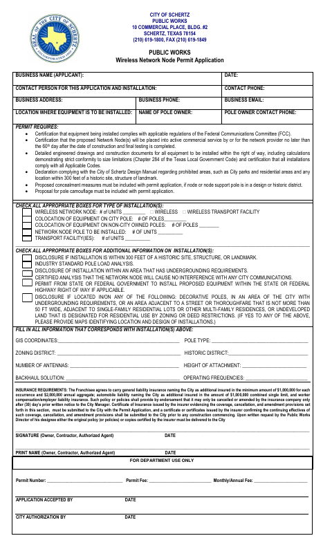 First page of the Wireless Network Node Permit Application