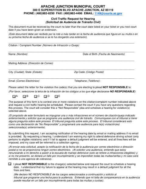 First page of the Civil Traffic Request for Hearing
