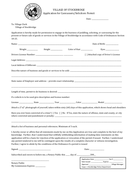 First page of the Canvassers and Solicitors Permit Application