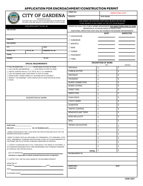 First page of the Encroachment Permit Application