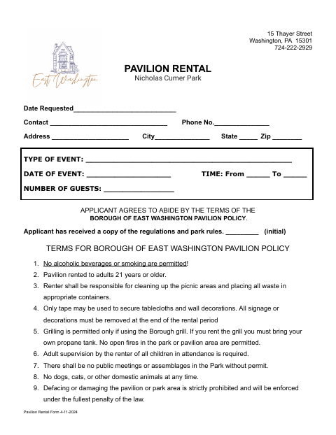 First page of the Pavilion Rental