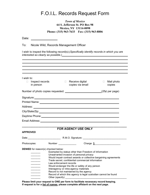 First page of the FOIL Records Request Form and Noncommercial Use Affidavit