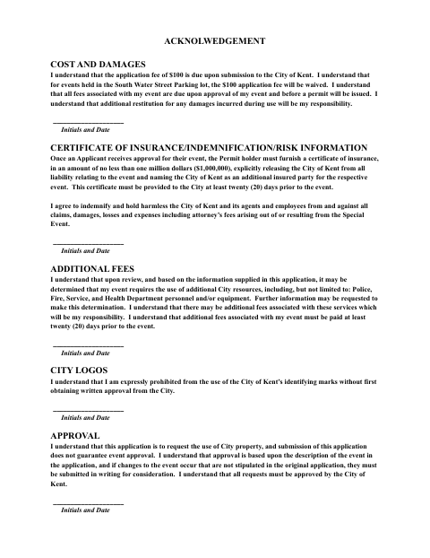 First page of the Special Event Permit Acknowledgement (Cost and Damages)