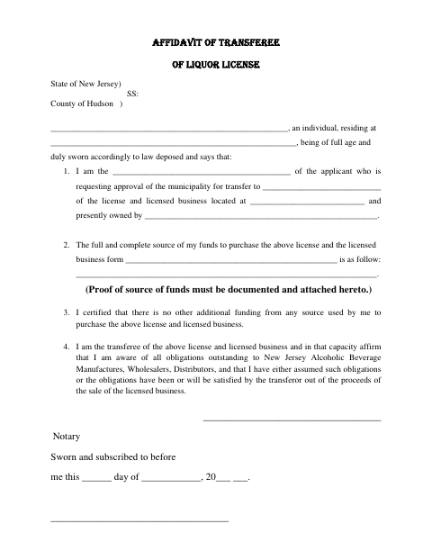 First page of the Affidavit of Transferee of Liquor License