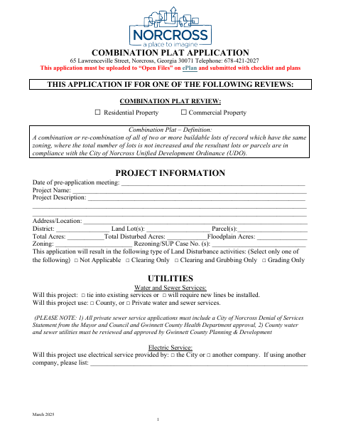 First page of the Combination Plat Application