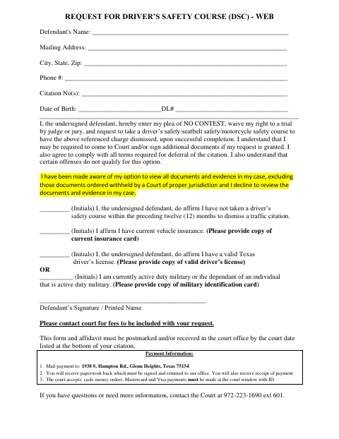 First page of the Driving Safety Course Request and Affidavit
