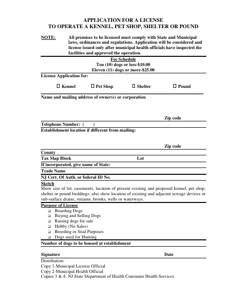 First page of the Application for a License to Operate a Kennel, Pet Shop, Shelter or Pound