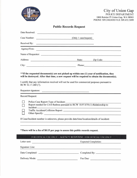 First page of the Police Public Records Request