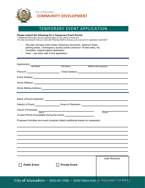 First page of the Temporary Event Application