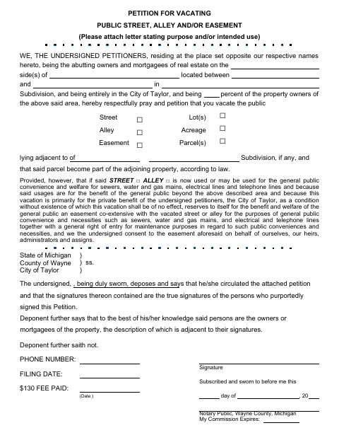 First page of the Petition for Vacating Public Street, Alley and/or Easement