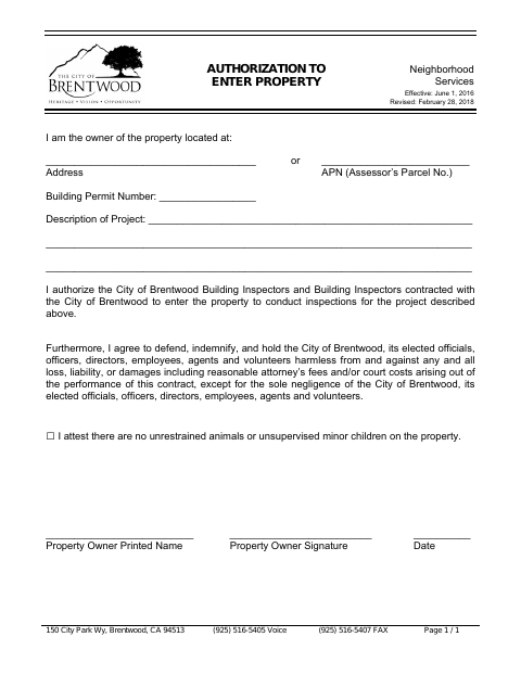 First page of the Authorization to Enter Property
