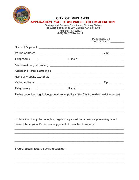 First page of the Application for Reasonable Accommodation
