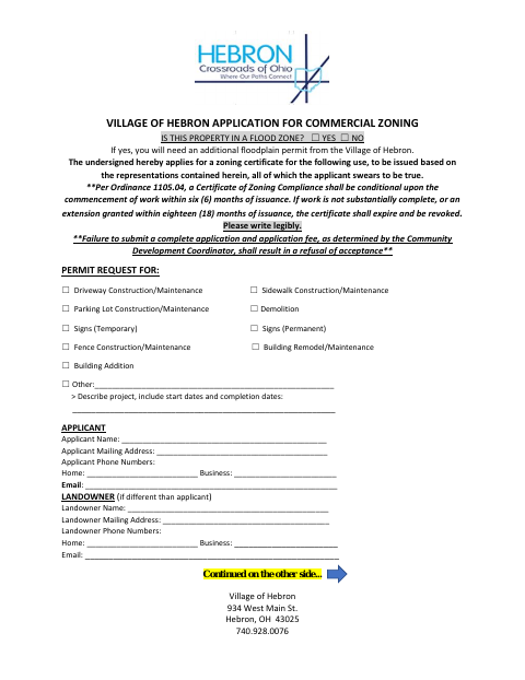 First page of the Application for Commercial Zoning